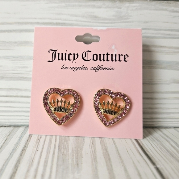 Juicy Couture Crowned Hearts Rhinestone Earrings in Pink and Gold NWT - Picture 3 of 7